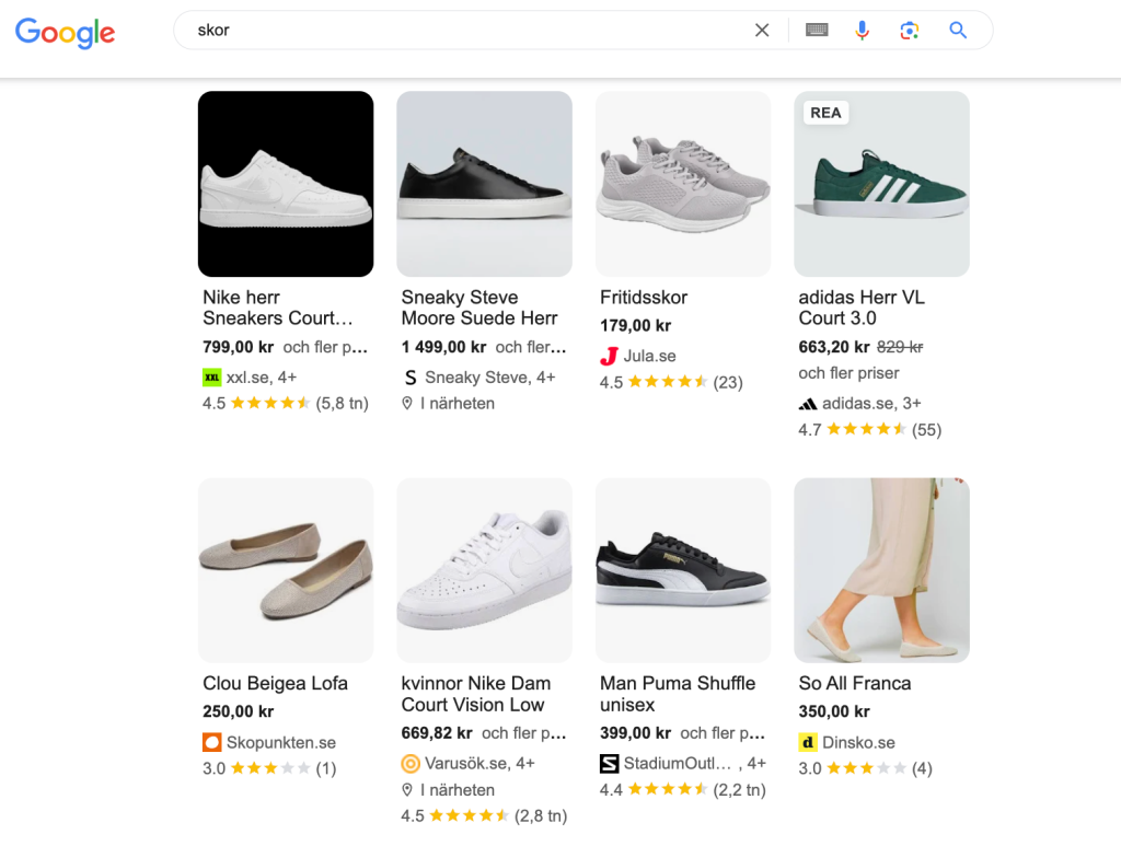 En googling på skor som visar Google Popular products i sökresultaten.